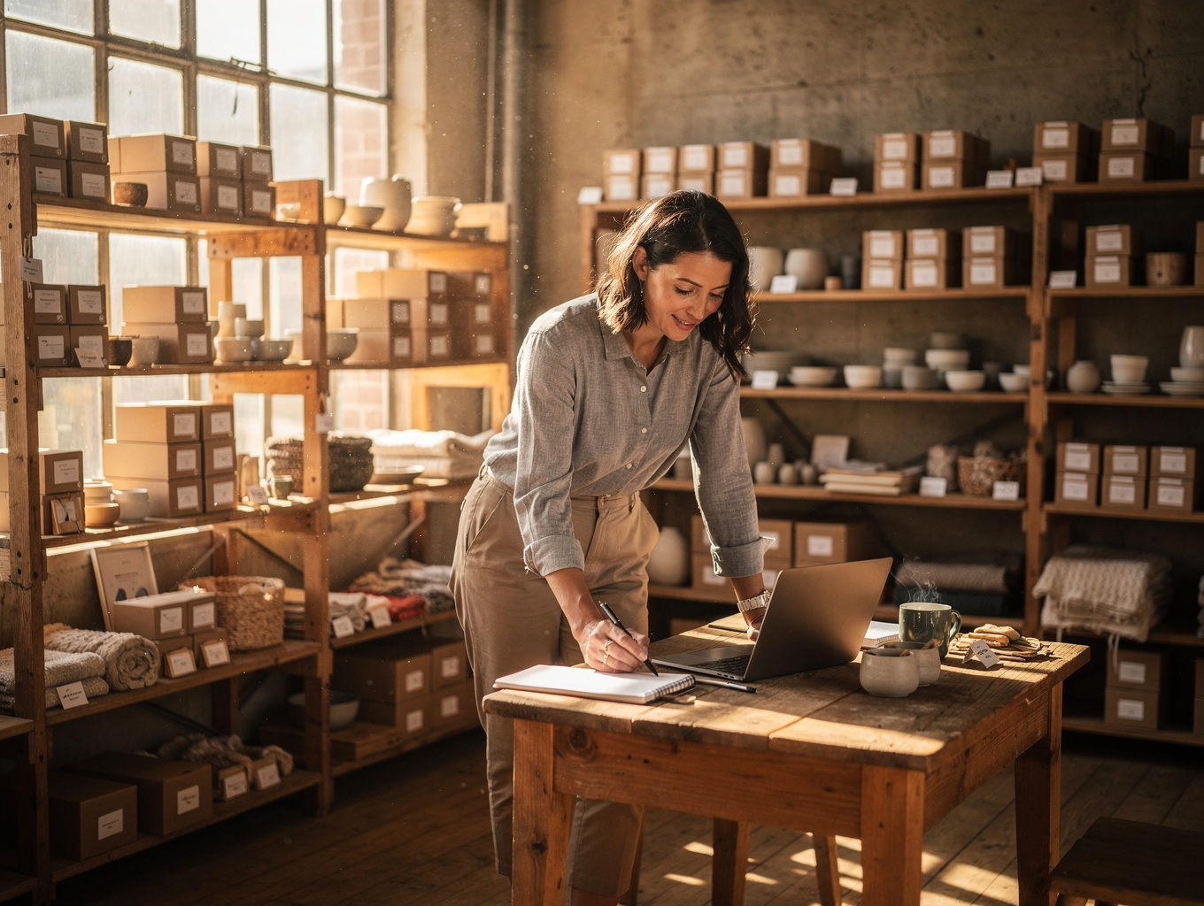 Small business owner reviewing customer inquiries on a laptop and smartphone in their studio