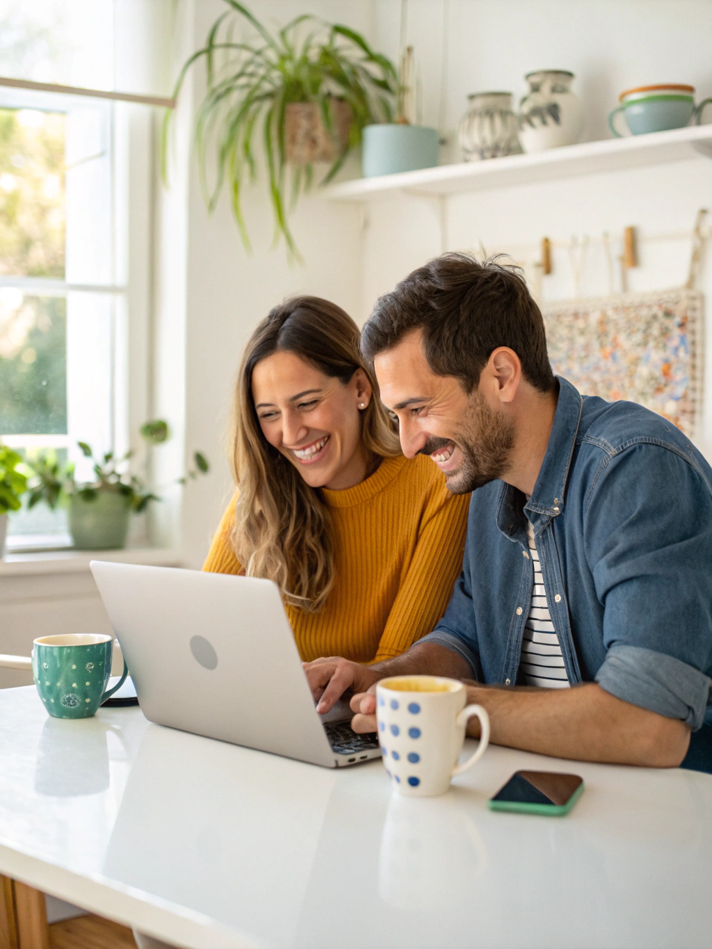Two business professionals sitting at a wooden table collaborating while looking directly at a modern website design on a laptop screen