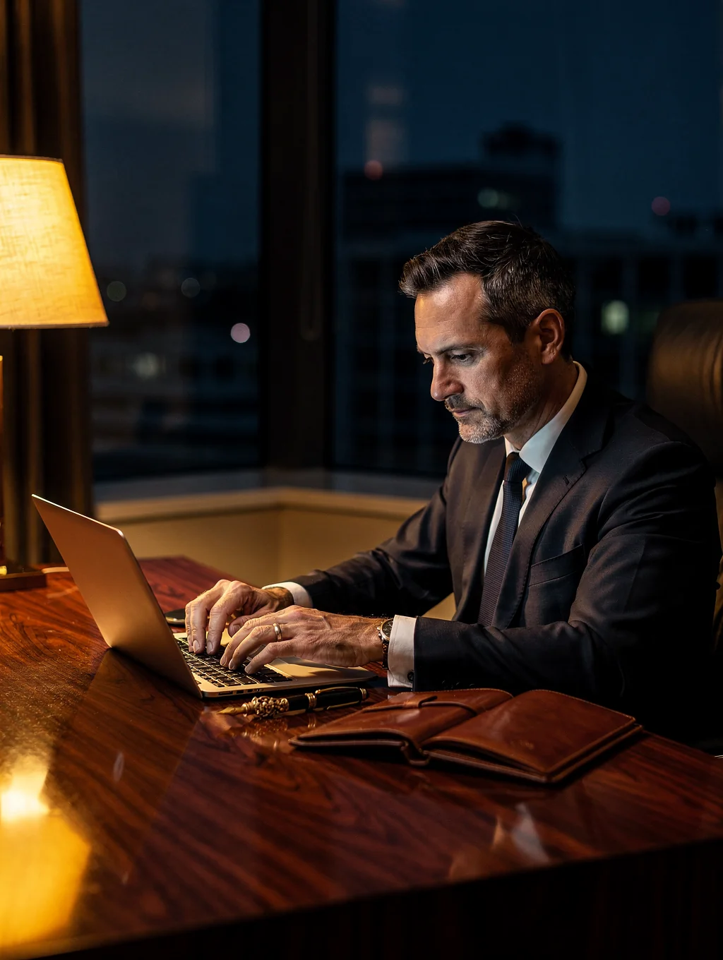 Intelligent Business Integrations founder working on laptop at desk in modern office